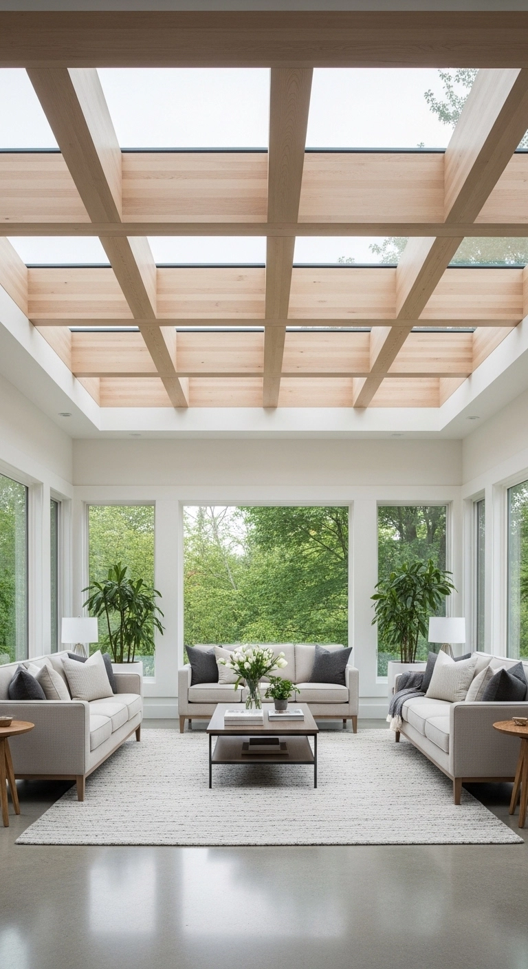 Sun room ideas with statement ceiling and wooden beams