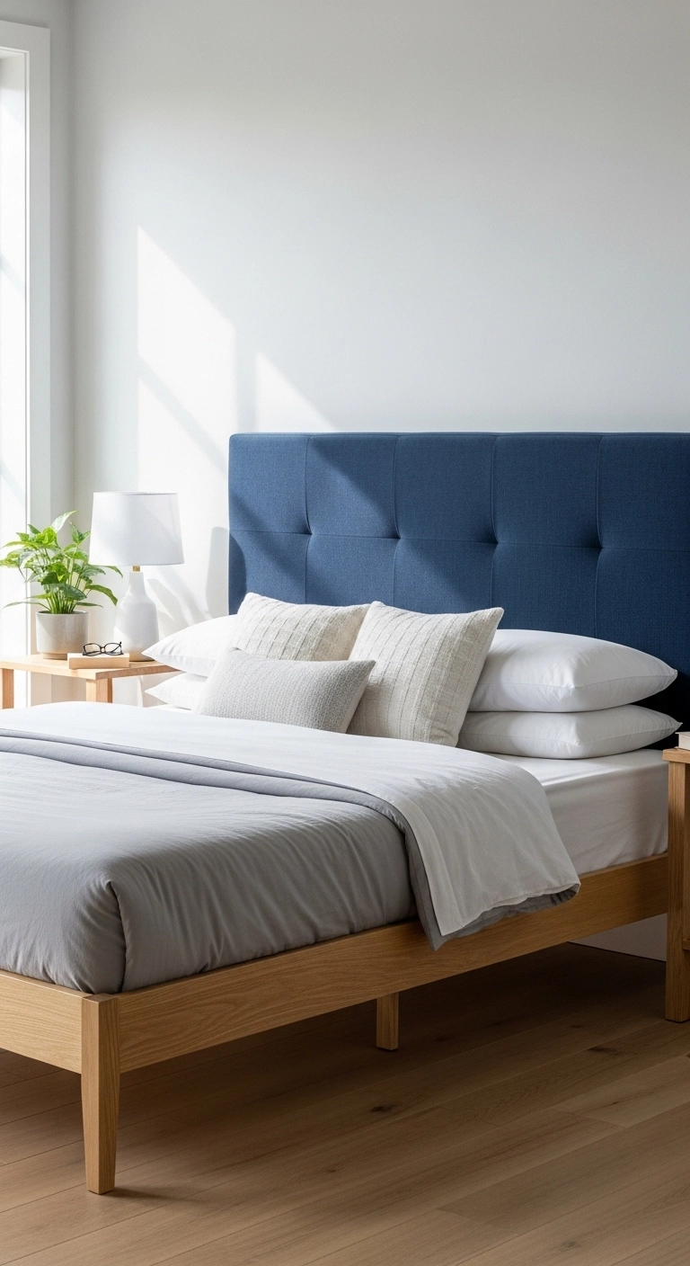 Bedroom interior with a bold upholstered statement headboard and neutral bedding