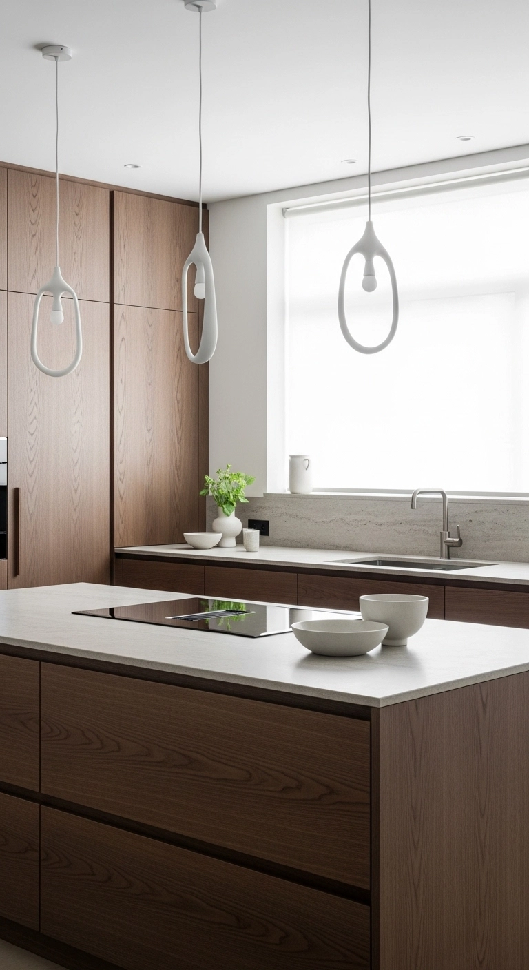 modern kitchen design with statement pendant lights over island