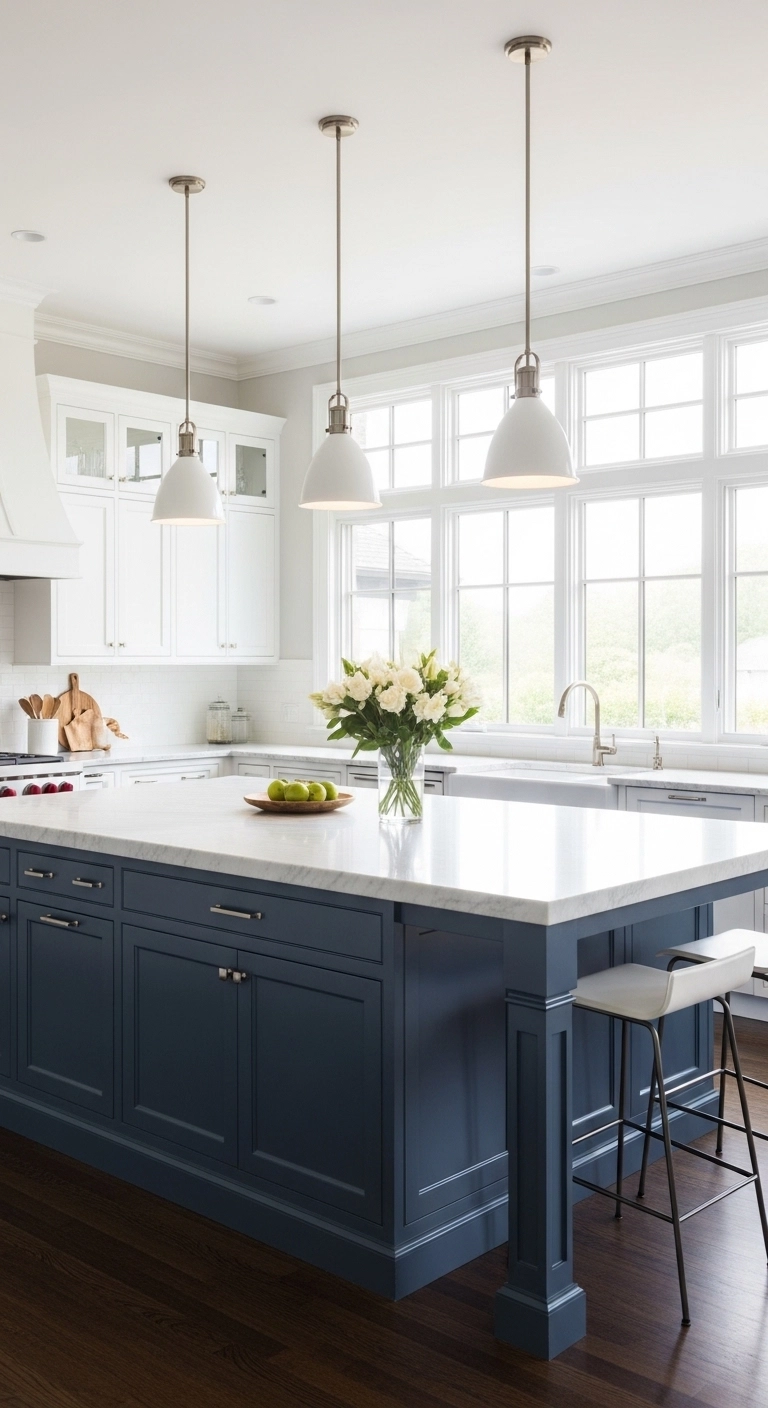 Modern kitchen featuring statement kitchen island cabinets ideas with navy blue island and white cabinets.