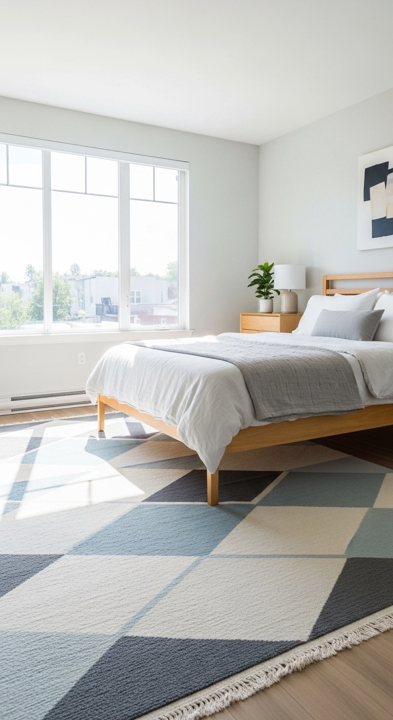 Bedroom interior with statement rug and light wood bed for modern décor.