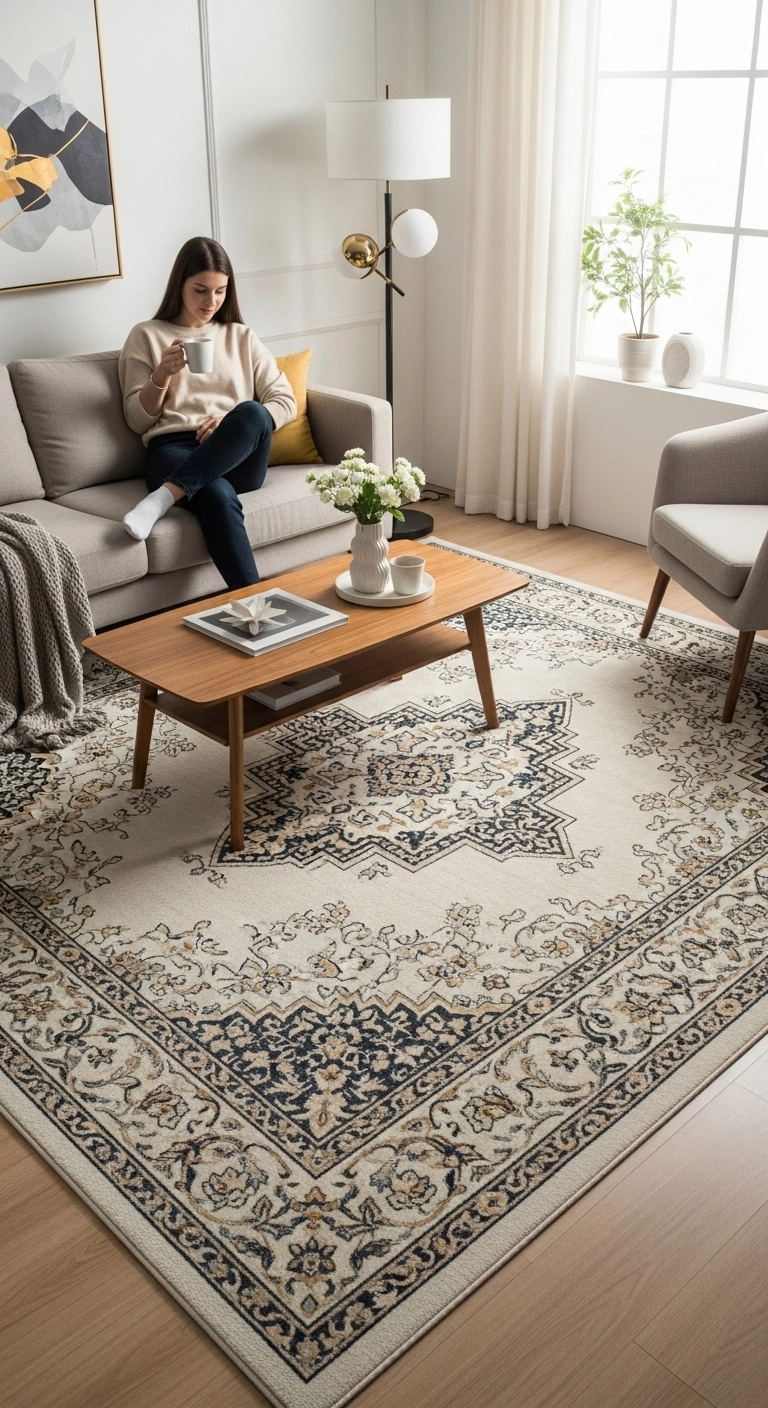 Interior design living room with large patterned statement rug under sofa and coffee table.