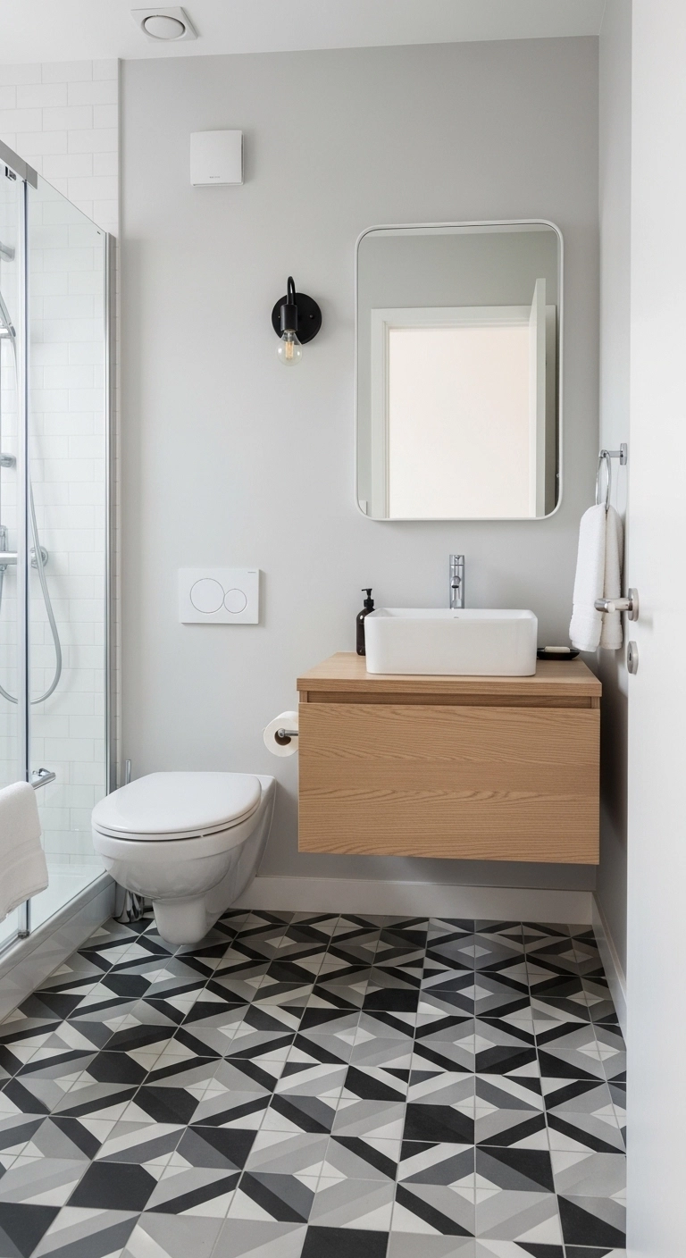 small bathroom ideas with bold patterned floor tile