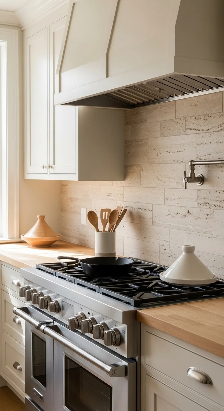 Kitchen with natural stone backsplash, cream cabinets, and wood accents showcasing warm neutral kitchen ideas with textured stone design.