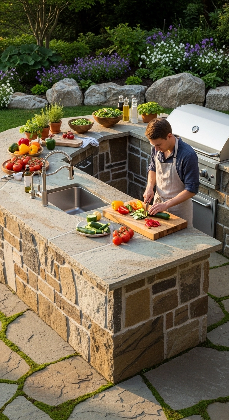 Outdoor cooking area with natural stone countertops showing elegant outdoor kitchen ideas.
