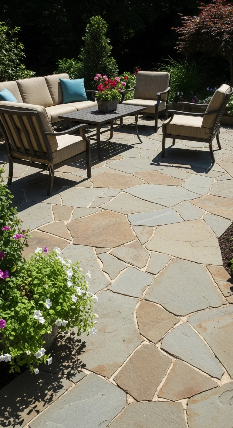Natural stone flooring featured in durable outdoor patio ideas design.