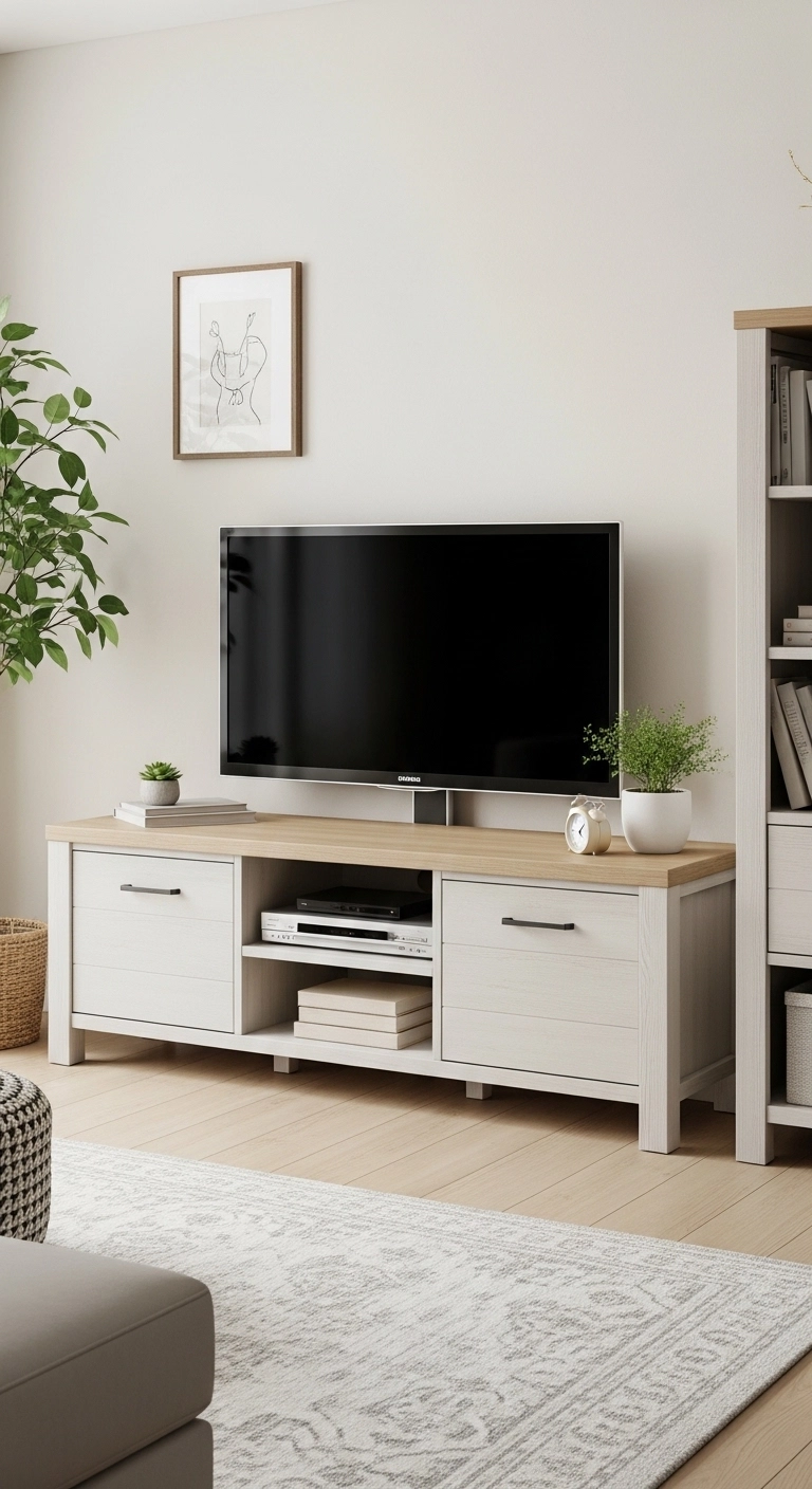 TV Table Ideas with a storage TV table in an organized family living room