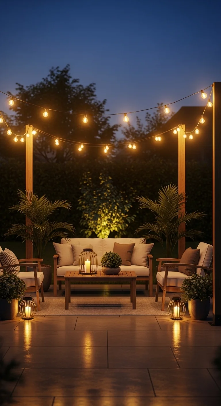 Warm string lights above seating area creating cozy outdoor patio ideas at night.