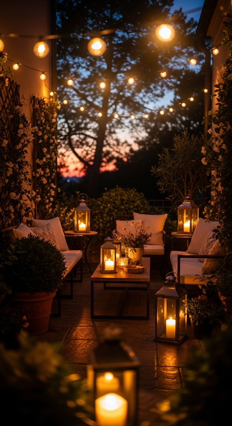 Tiny patio ideas with warm string lights for a cozy evening glow