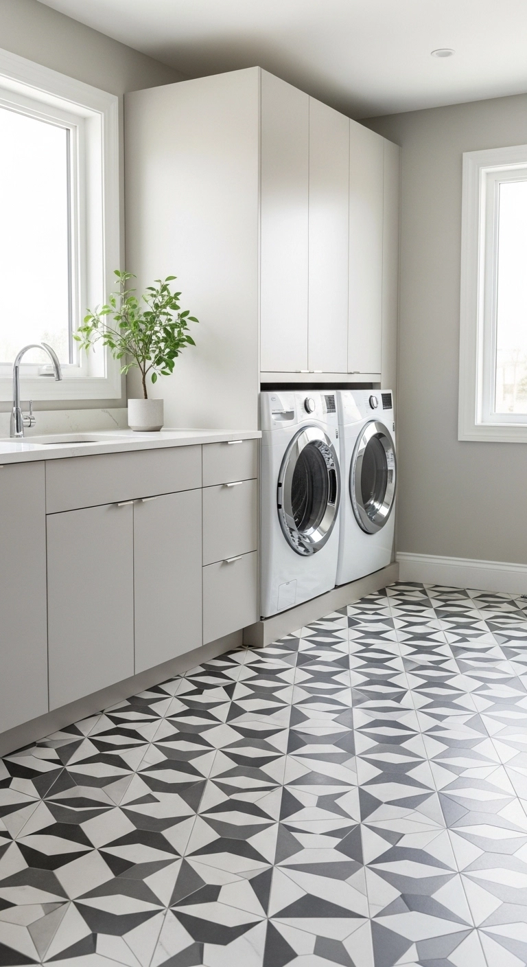 Laundry room ideas with stylish geometric floor tiles, neutral cabinetry, and a clean, modern design