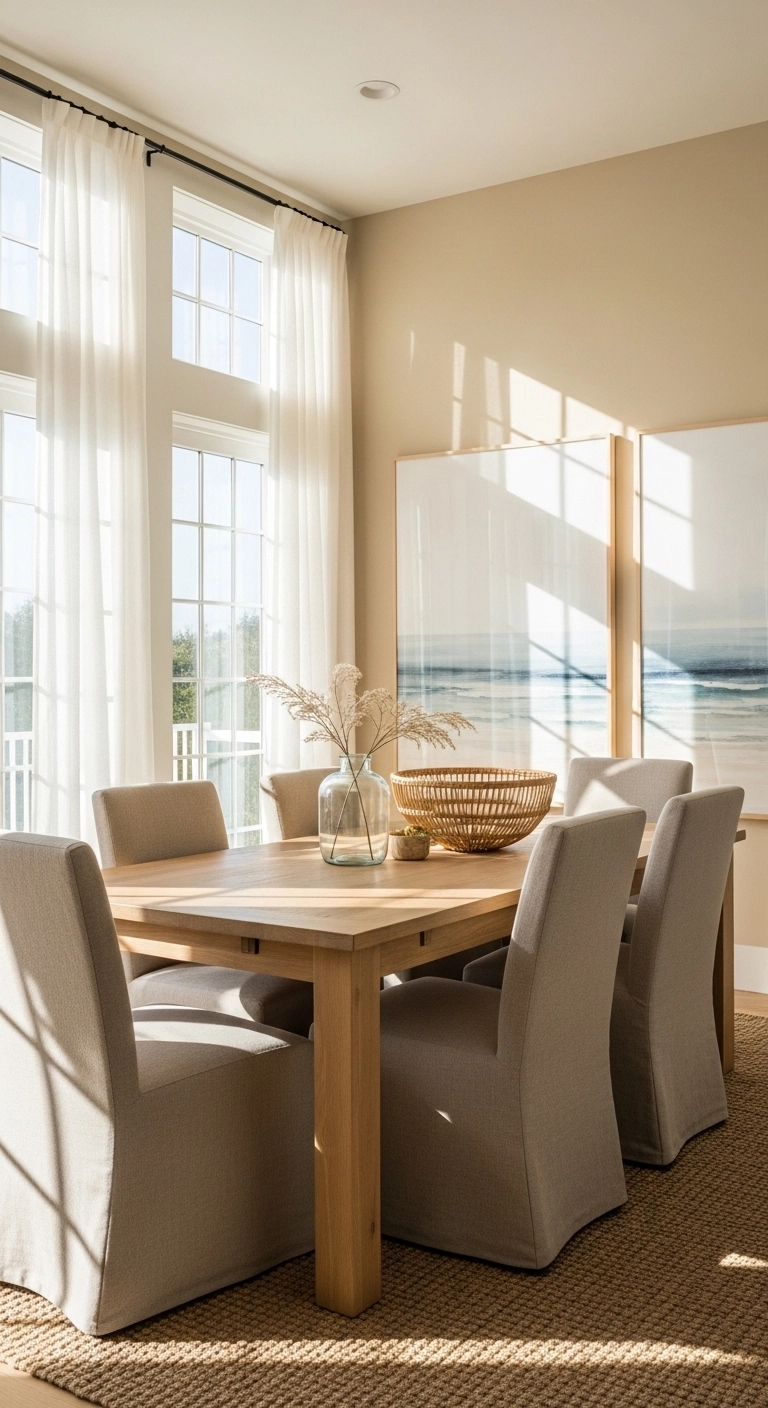 Beach house dining room with light wood table, slipcovered chairs, and subtle coastal wall art