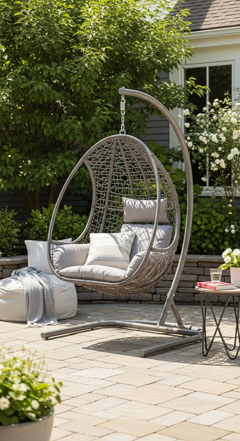 Hanging swing chair creating relaxing seating in outdoor patio ideas.