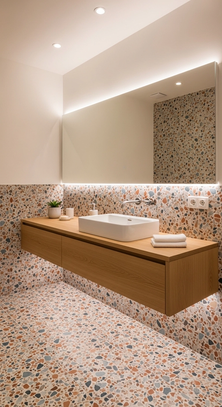 Terrazzo bathroom tile design with speckled modern flooring