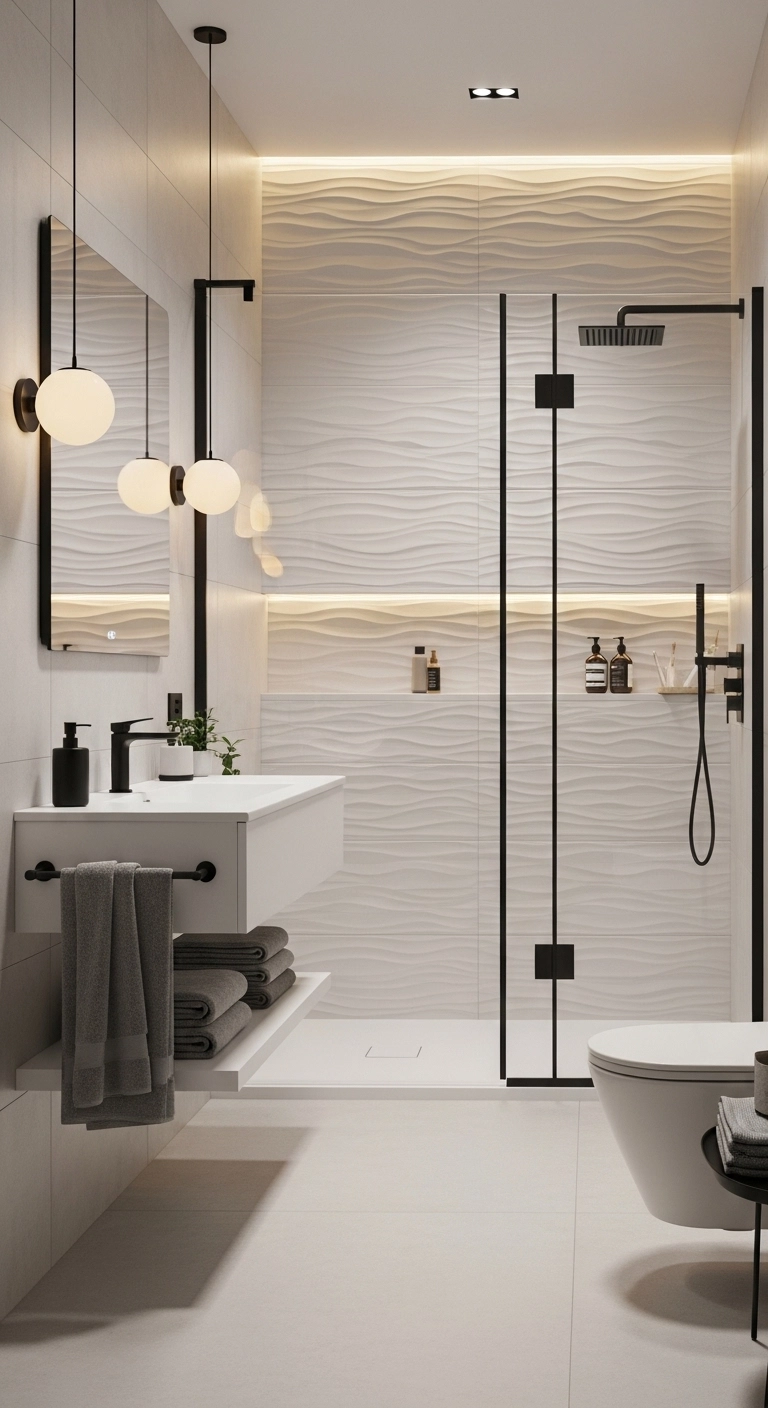 Textured bathroom tile design with 3D wall tiles adding depth and modern style