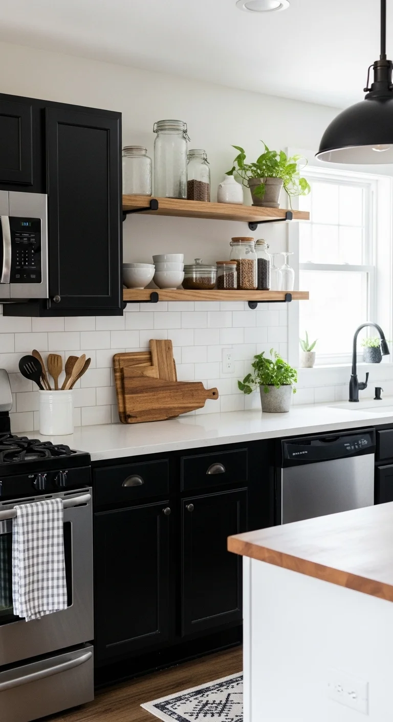 Mixed textures in black and white kitchen, black and white kitchen ideas