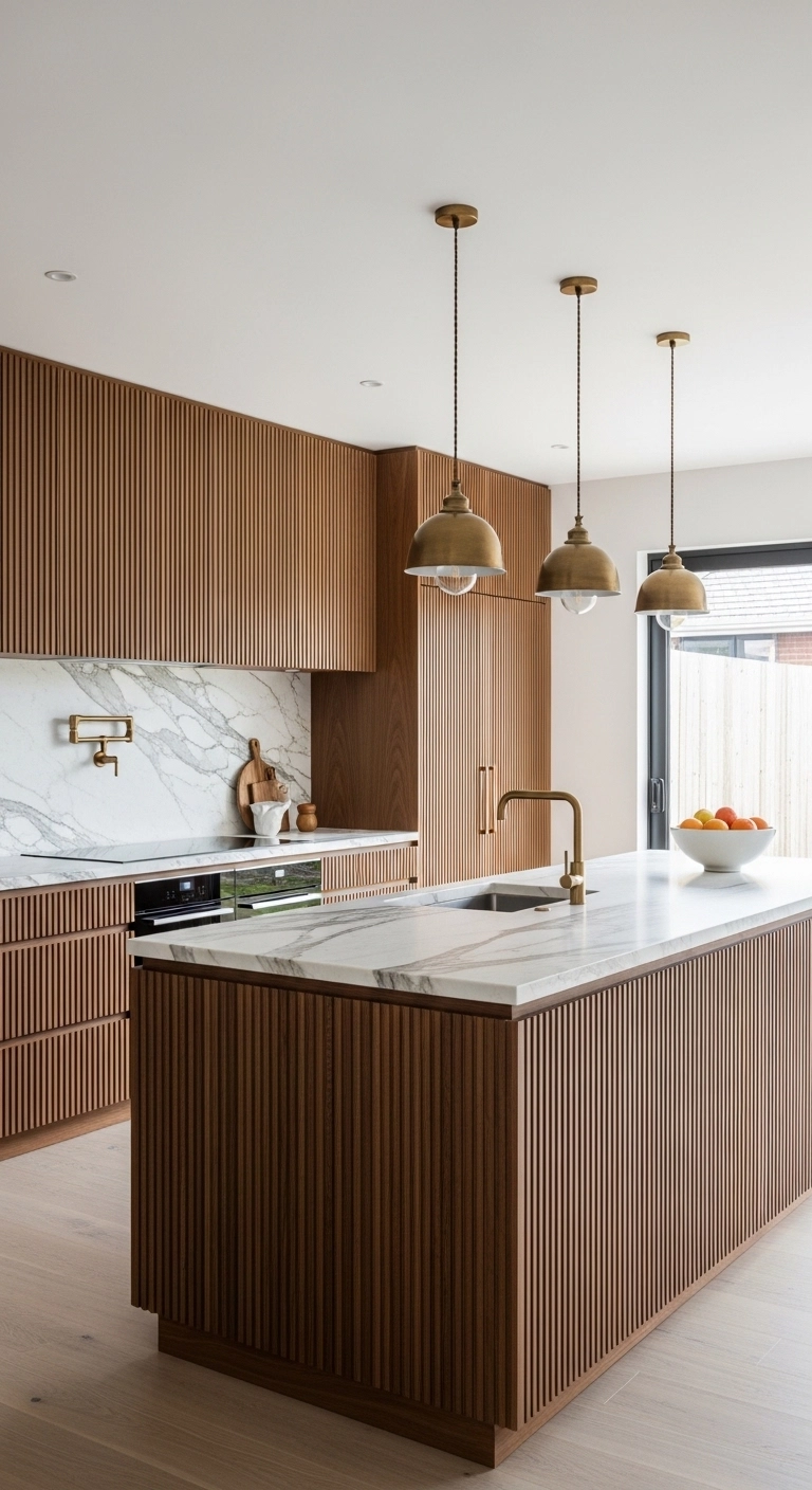 Modern kitchen with textured kitchen cabinets ideas featuring fluted wood cabinet fronts.