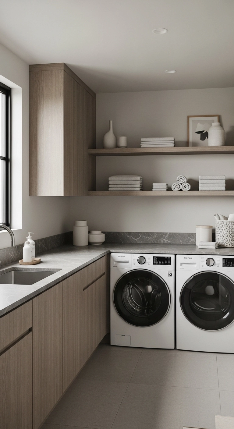 Laundry room ideas with textured wood and stone countertops, neutral cabinetry, and washer and dryer