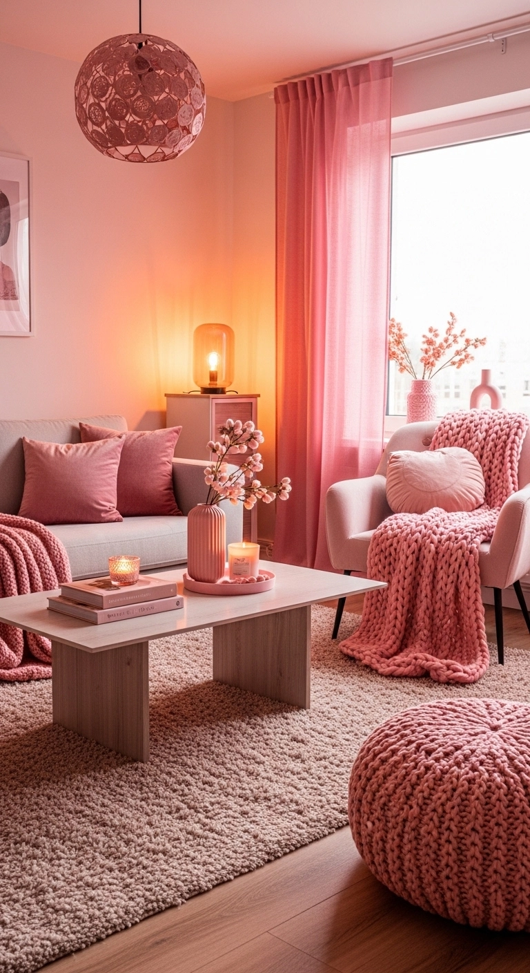 pink living room ideas with textured fabrics and cozy feel