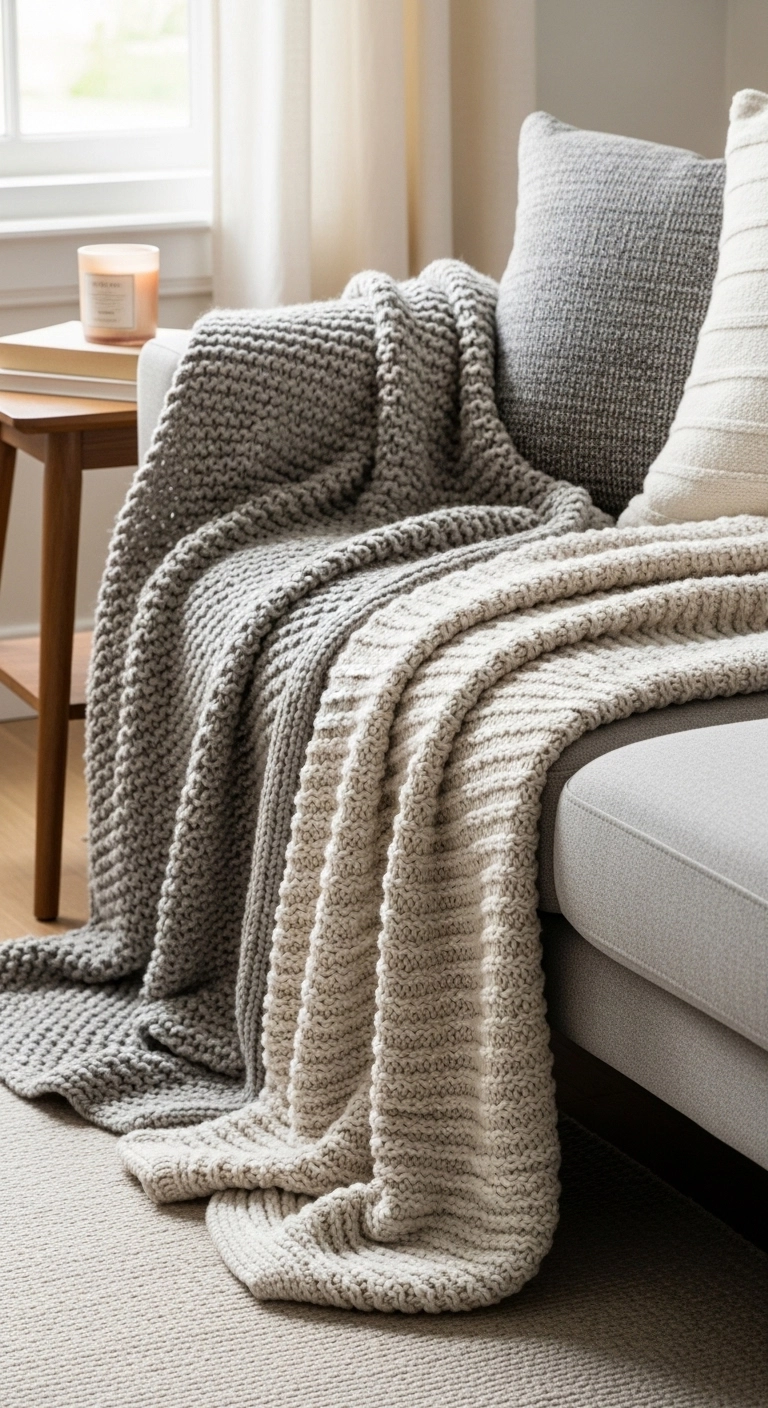 Cozy living room design with chunky knit throw blanket on sofa creating warm inviting comfort.
