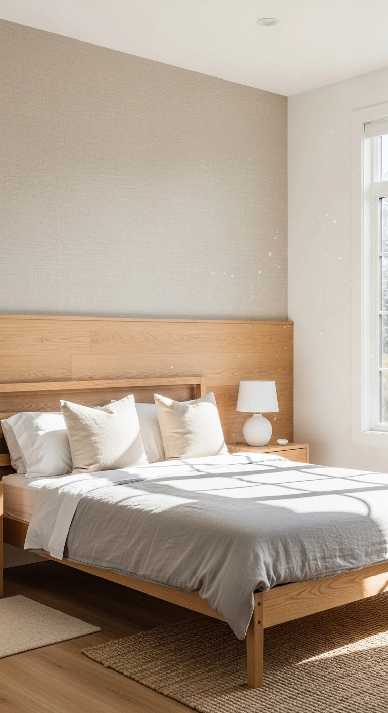 Bedroom interior with textured wall behind bed and neutral décor.