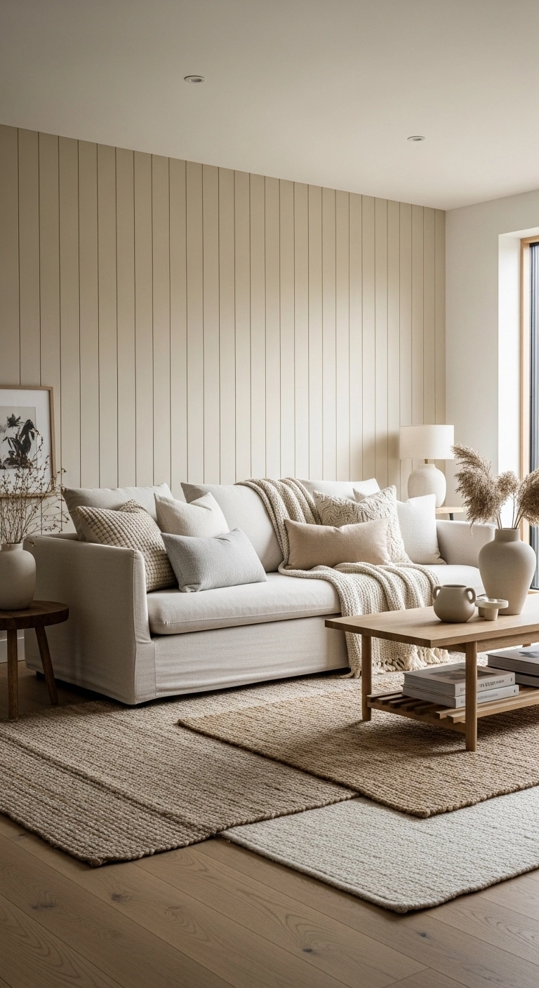Aesthetic living room with textured wood panel and limewash walls in neutral tones.