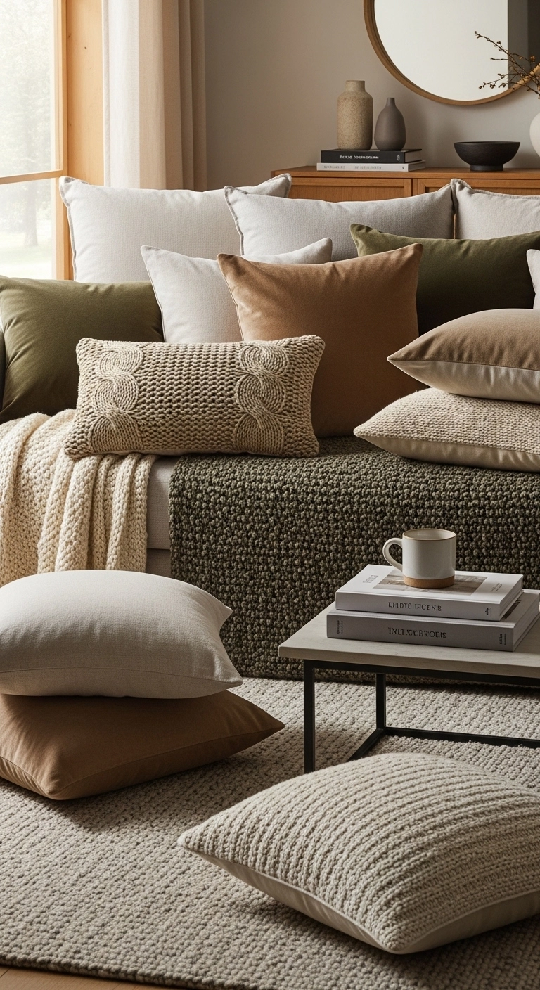 Cozy living room design with layered throw pillows on modern sofa.