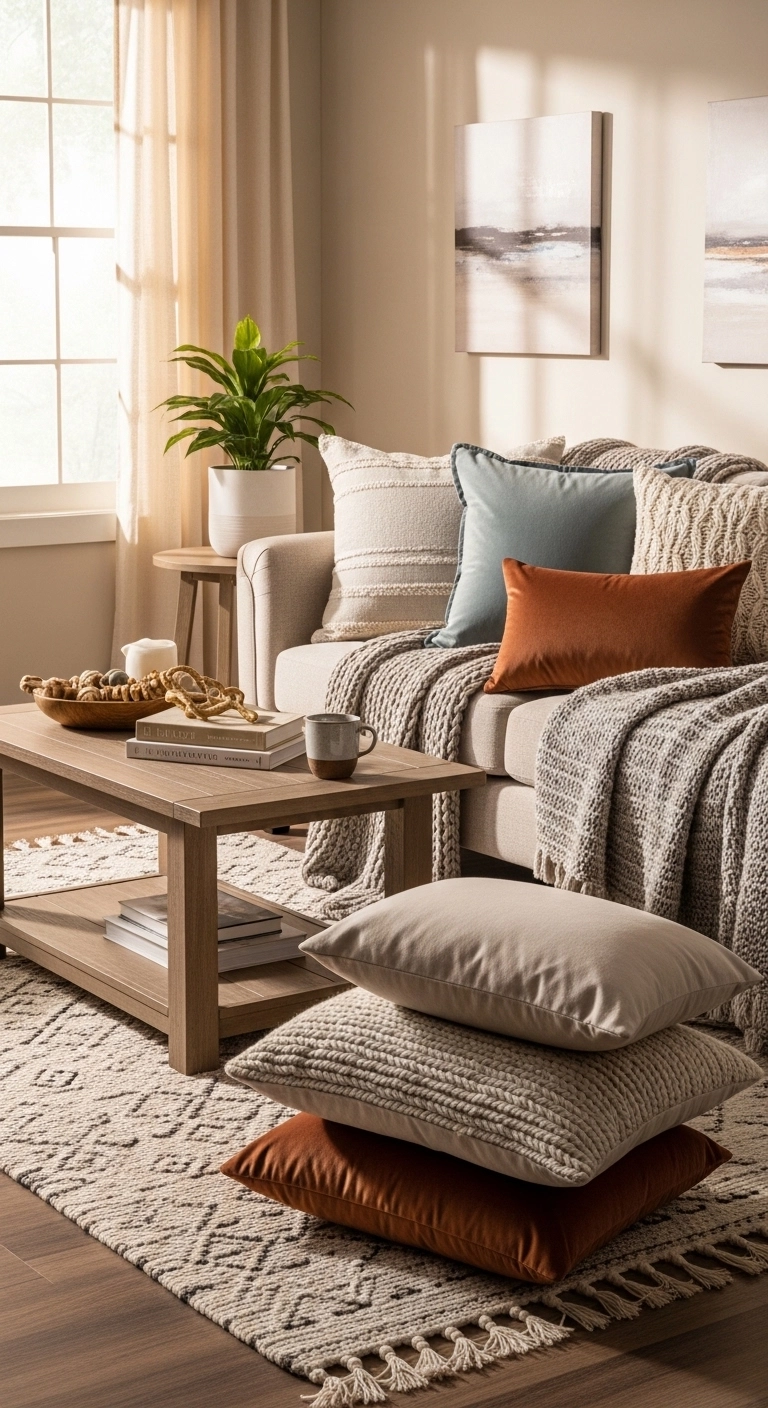 Interior design living room with layered throw pillows on modern sofa.