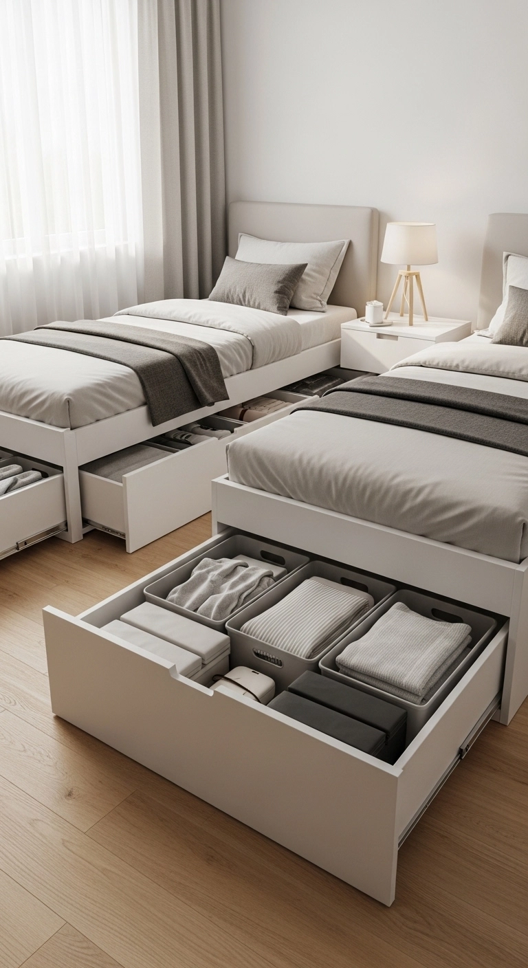 twin bedroom ideas with under bed storage solutions