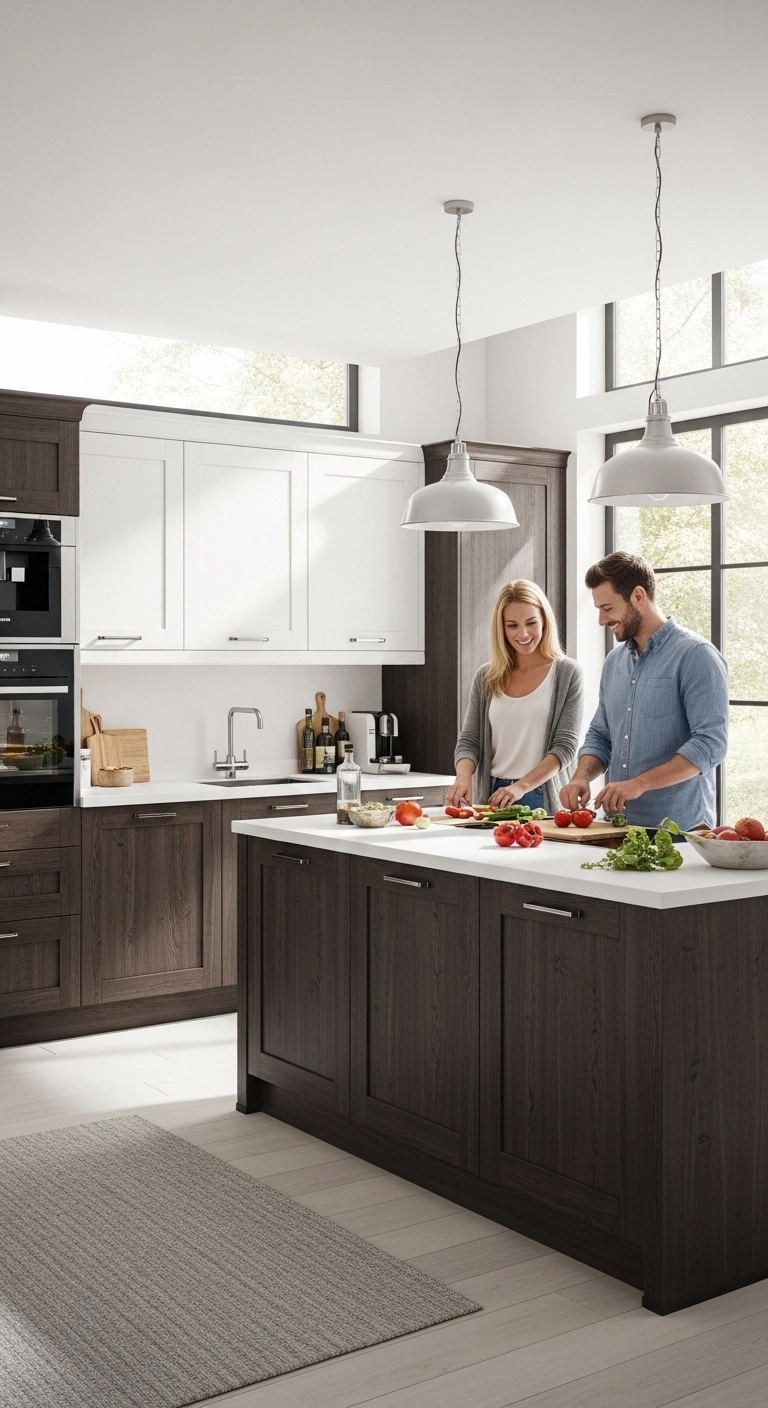 Two-tone kitchen with dark lower cabinets showing creative dark wood kitchen cabinets ideas.