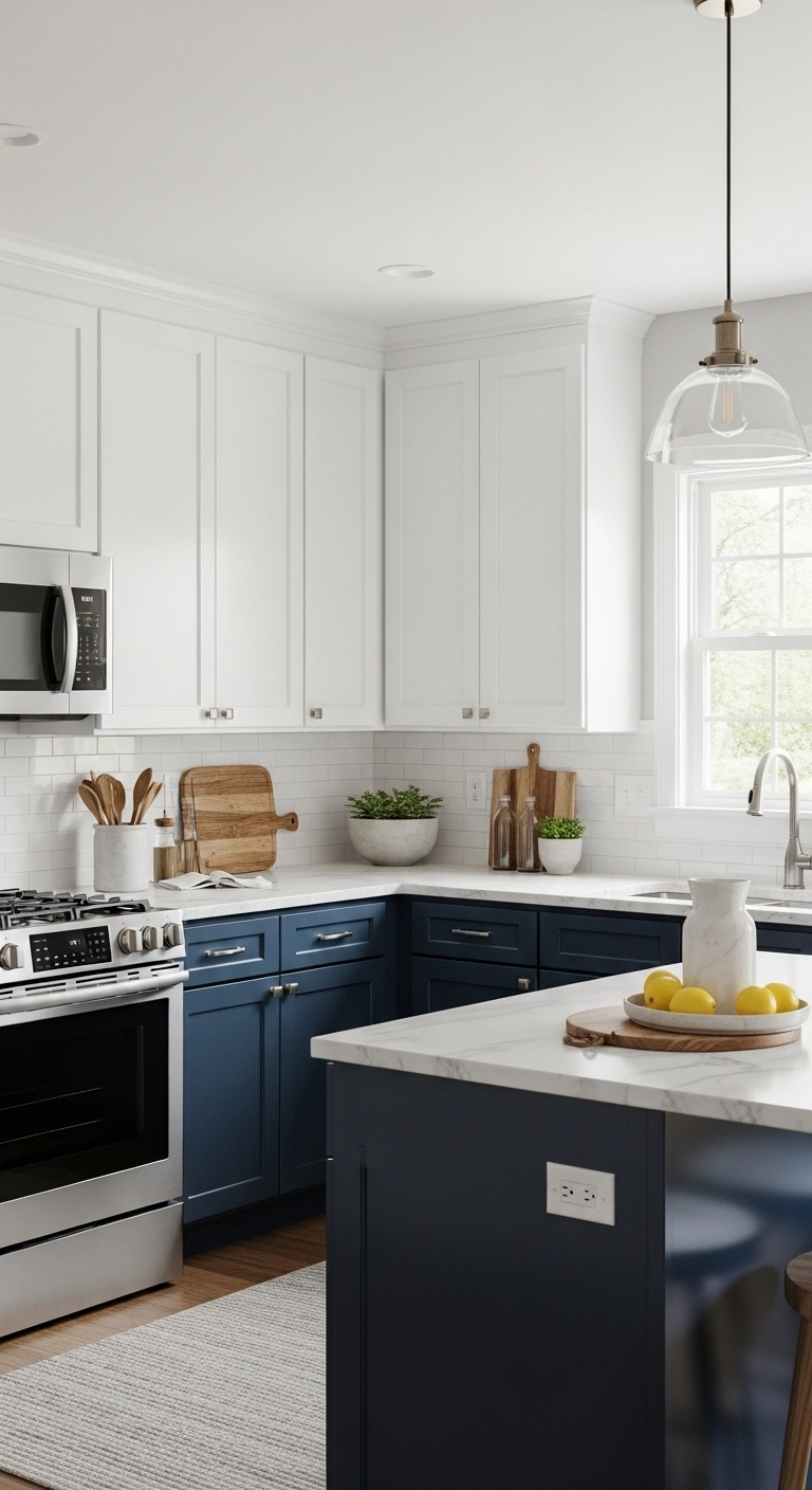 Modern kitchen featuring two-tone kitchen cabinets ideas with white upper cabinets and navy blue lower cabinets for a balanced contemporary design.