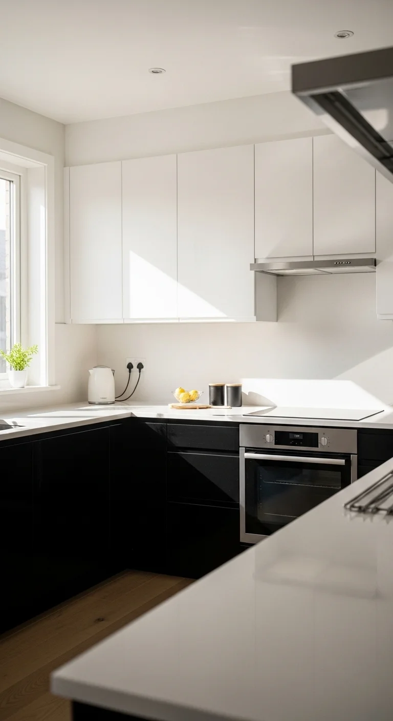 Two-tone kitchen cabinets with black and white contrast, black and white kitchen ideas