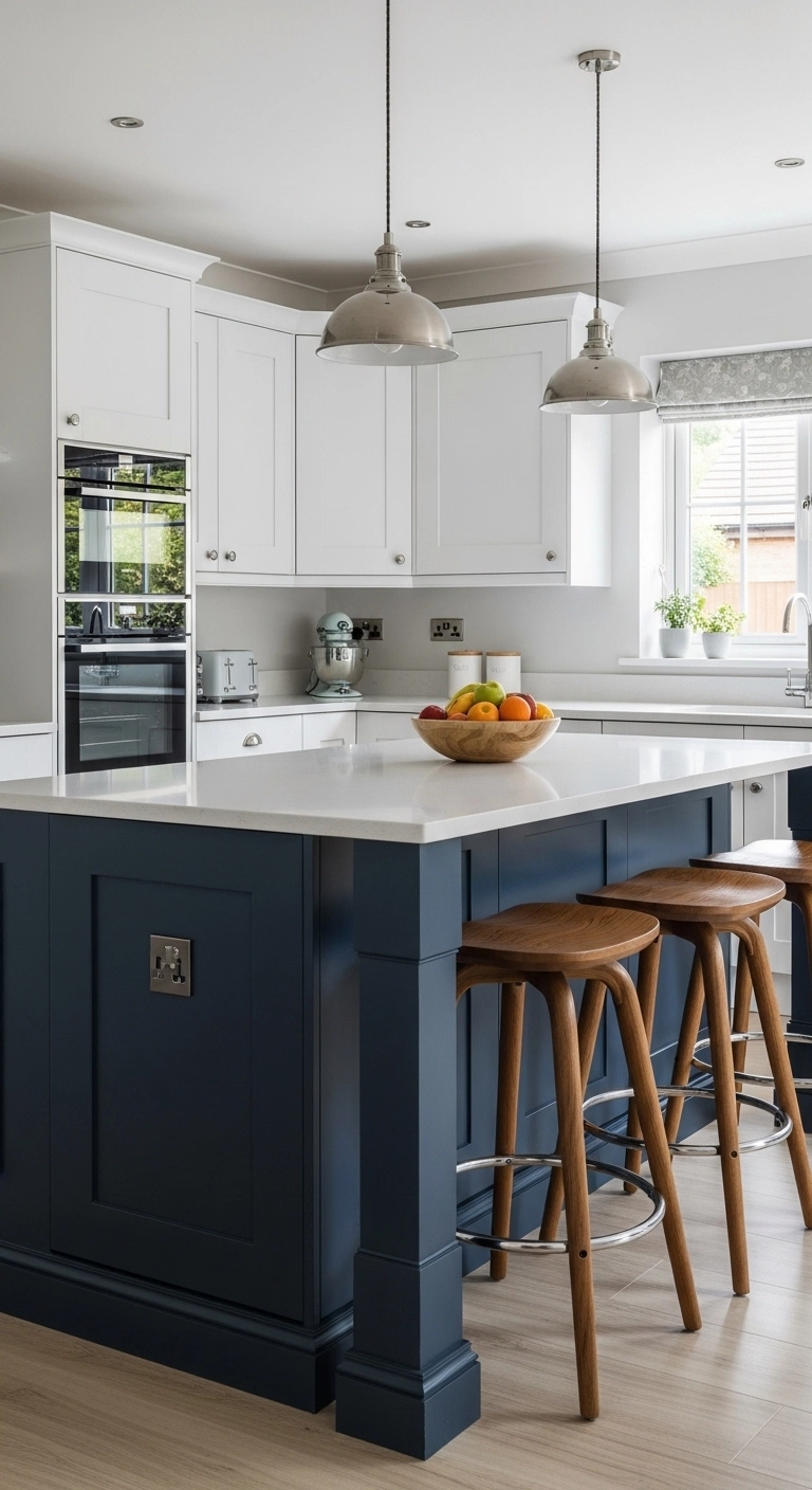 Two-tone kitchen island with navy cabinets and white countertop in a bright modern kitchen showing stylish kitchen island ideas.