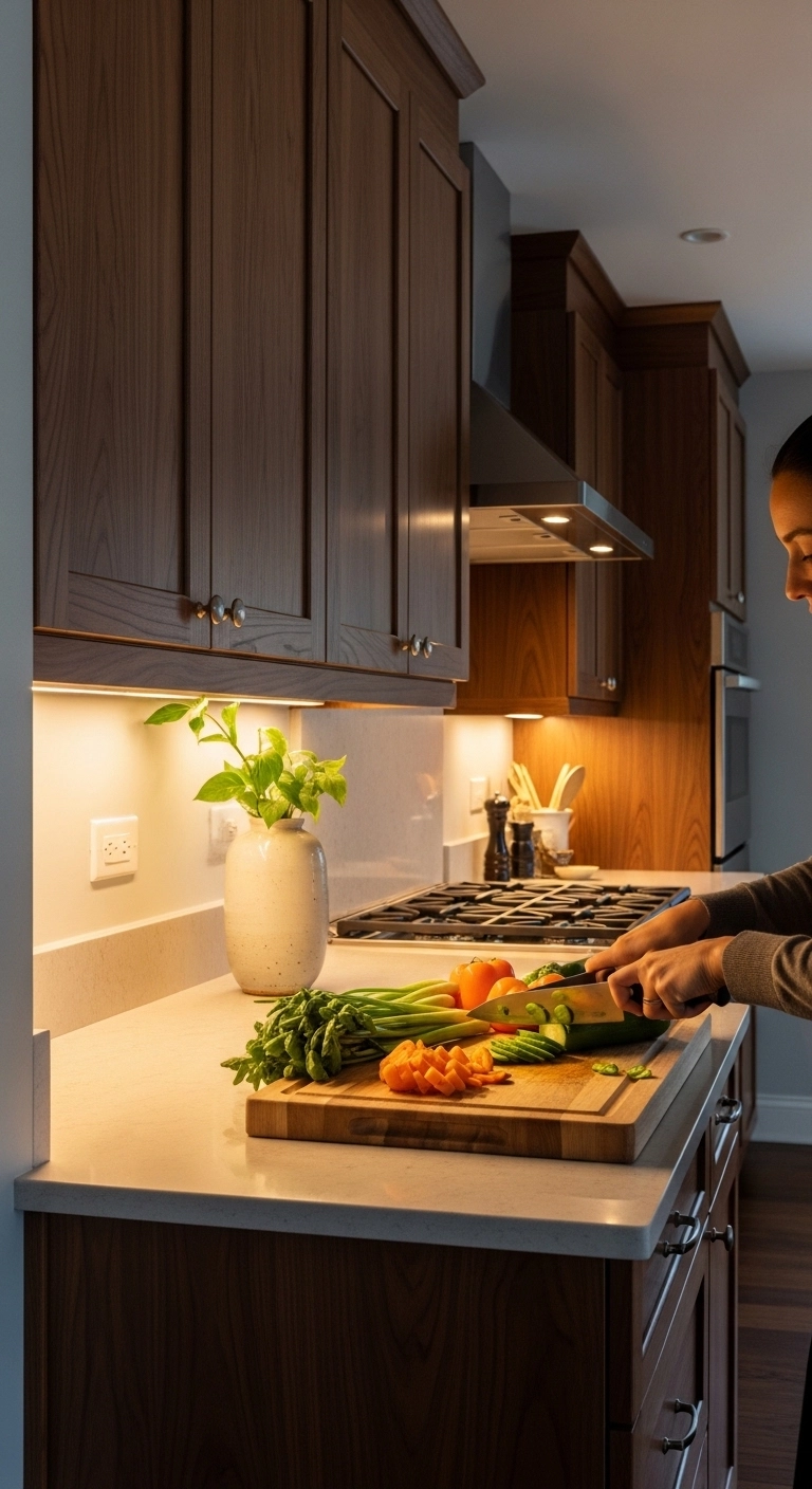 Under cabinet lighting illuminating dark wood cabinets showing modern dark wood kitchen cabinets ideas.
