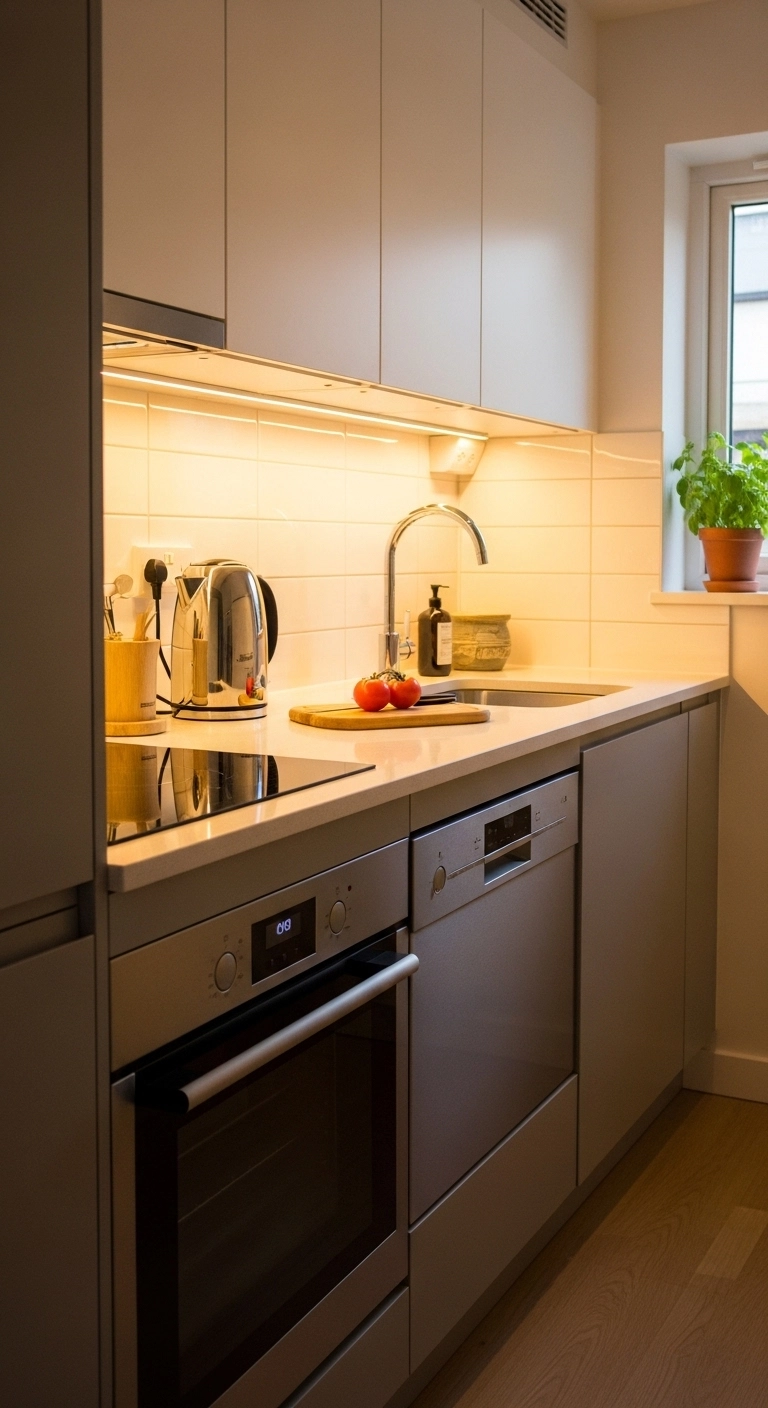 Small kitchen ideas with under cabinet lighting brightening the workspace.