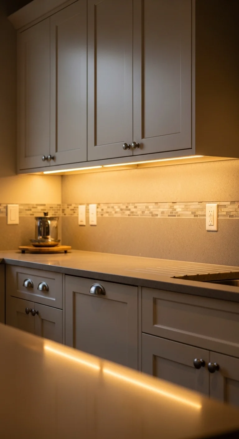 Kitchen with warm LED under cabinet lighting highlighting countertops and backsplash within warm neutral kitchen ideas.