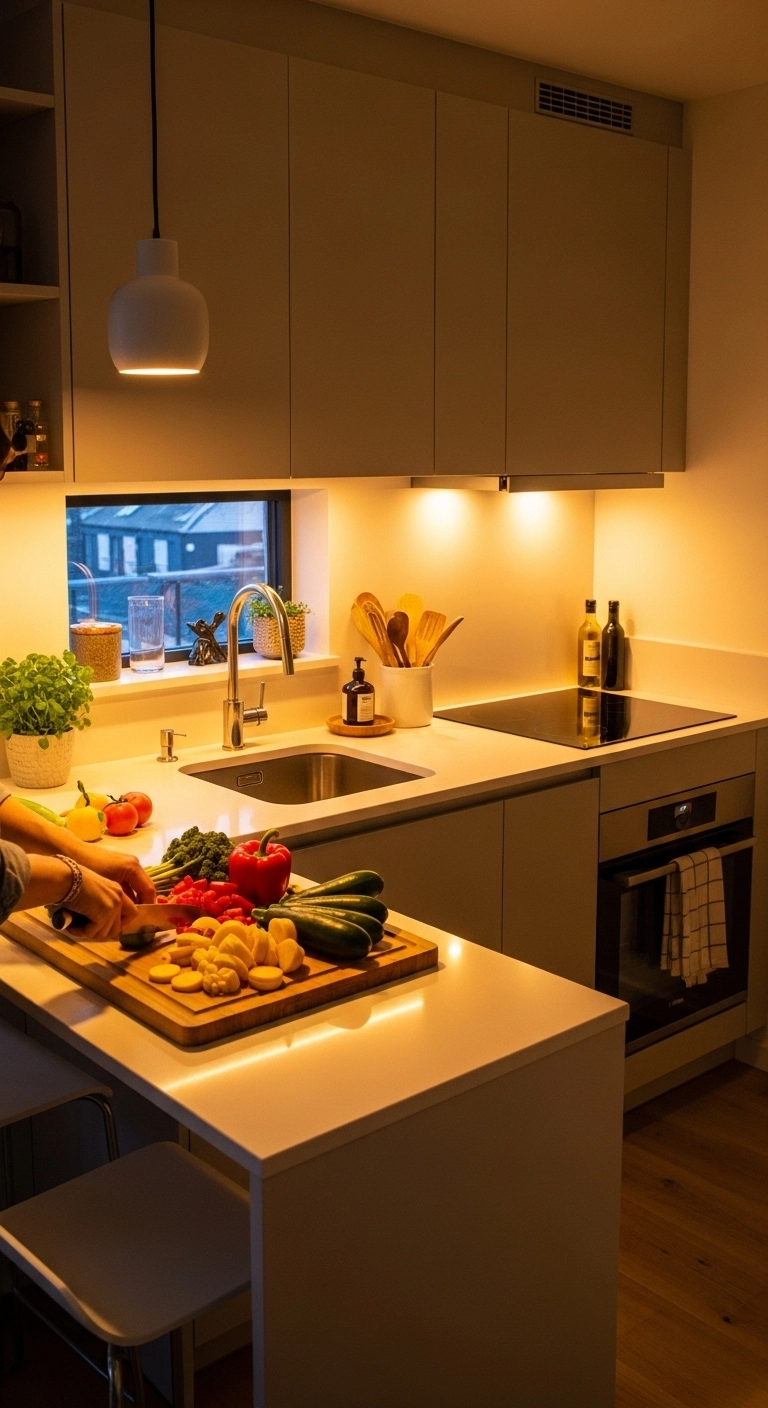 Tiny kitchen ideas with under cabinet lighting brightening a small kitchen workspace.