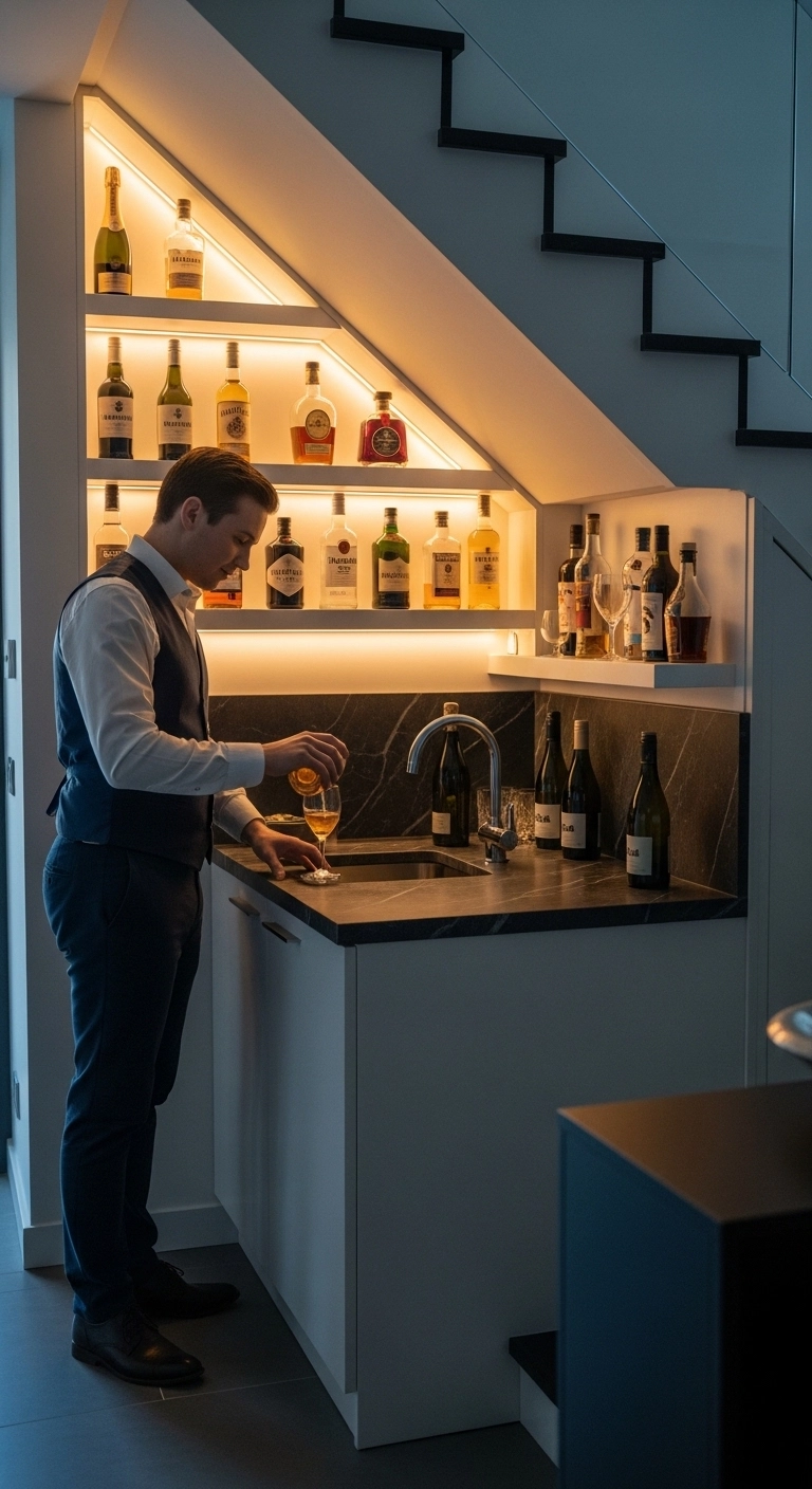 Mini bar built under staircase highlighting creative mini bar ideas for homes.