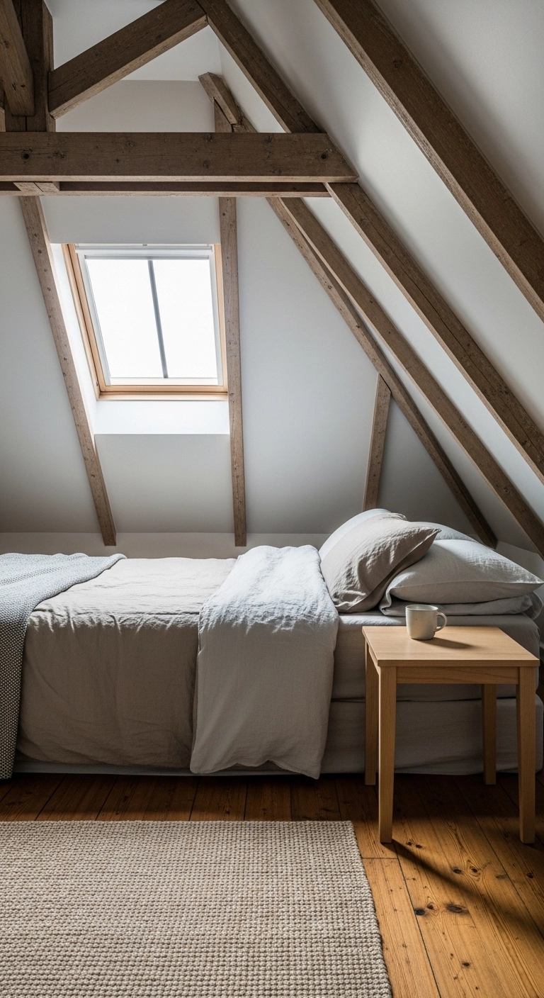 Attic bedroom with skylight, natural light, cozy bedding, and minimal decor for a bright and airy space