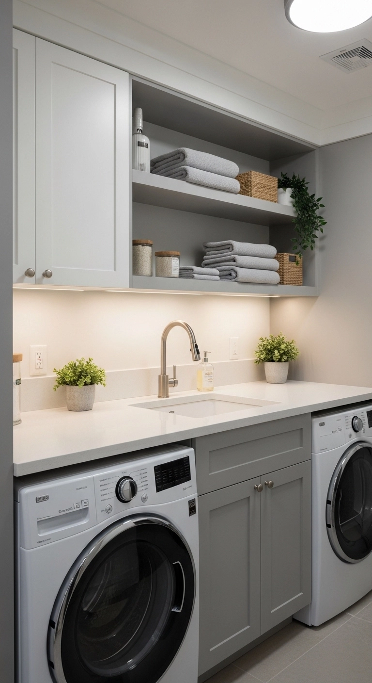 Laundry room ideas with a utility sink, front-loading washer and dryer, and neutral cabinetry for a practical setup