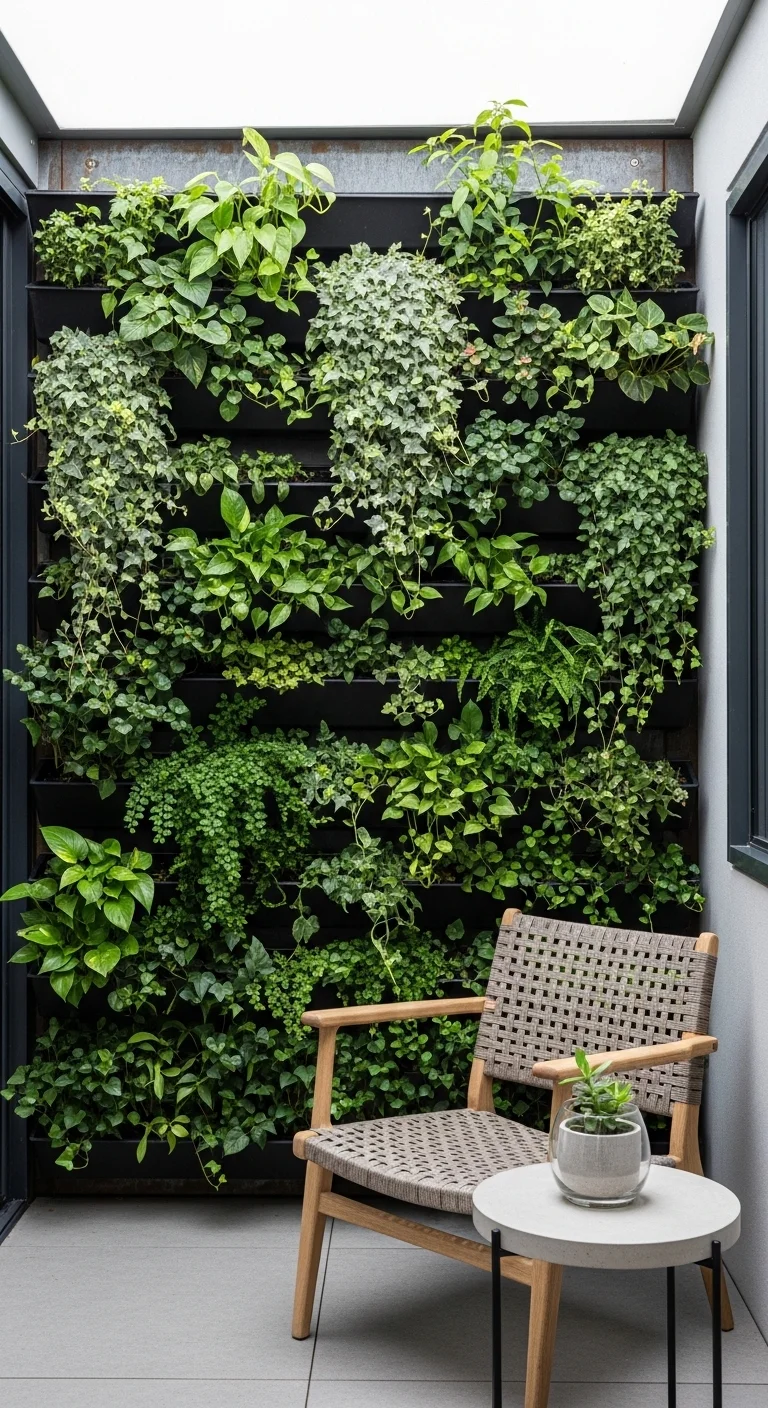 Vertical garden wall adding greenery to compact outdoor patio ideas.