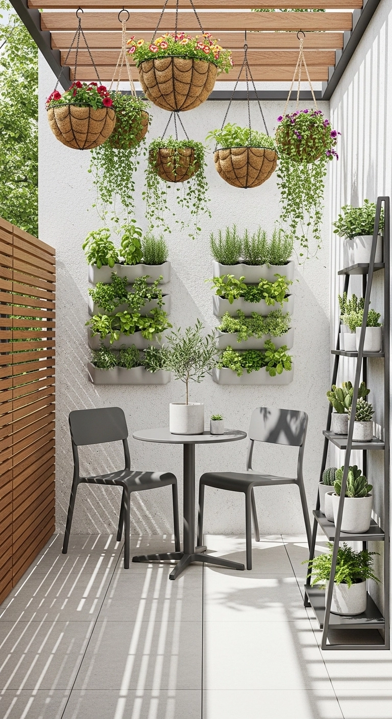 Tiny patio ideas using vertical planters to save floor space