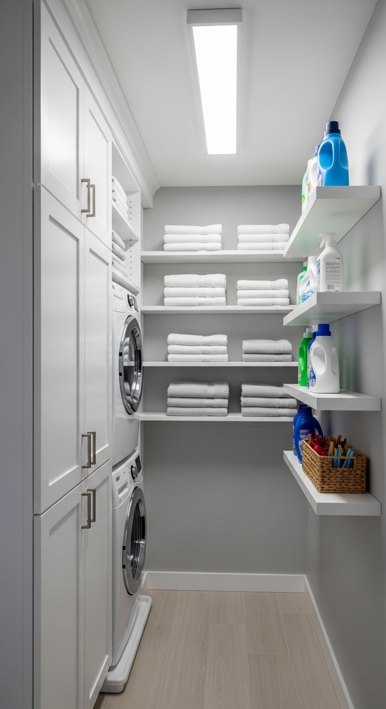 Laundry room ideas with stackable washer and dryer and vertical storage to maximize small spaces