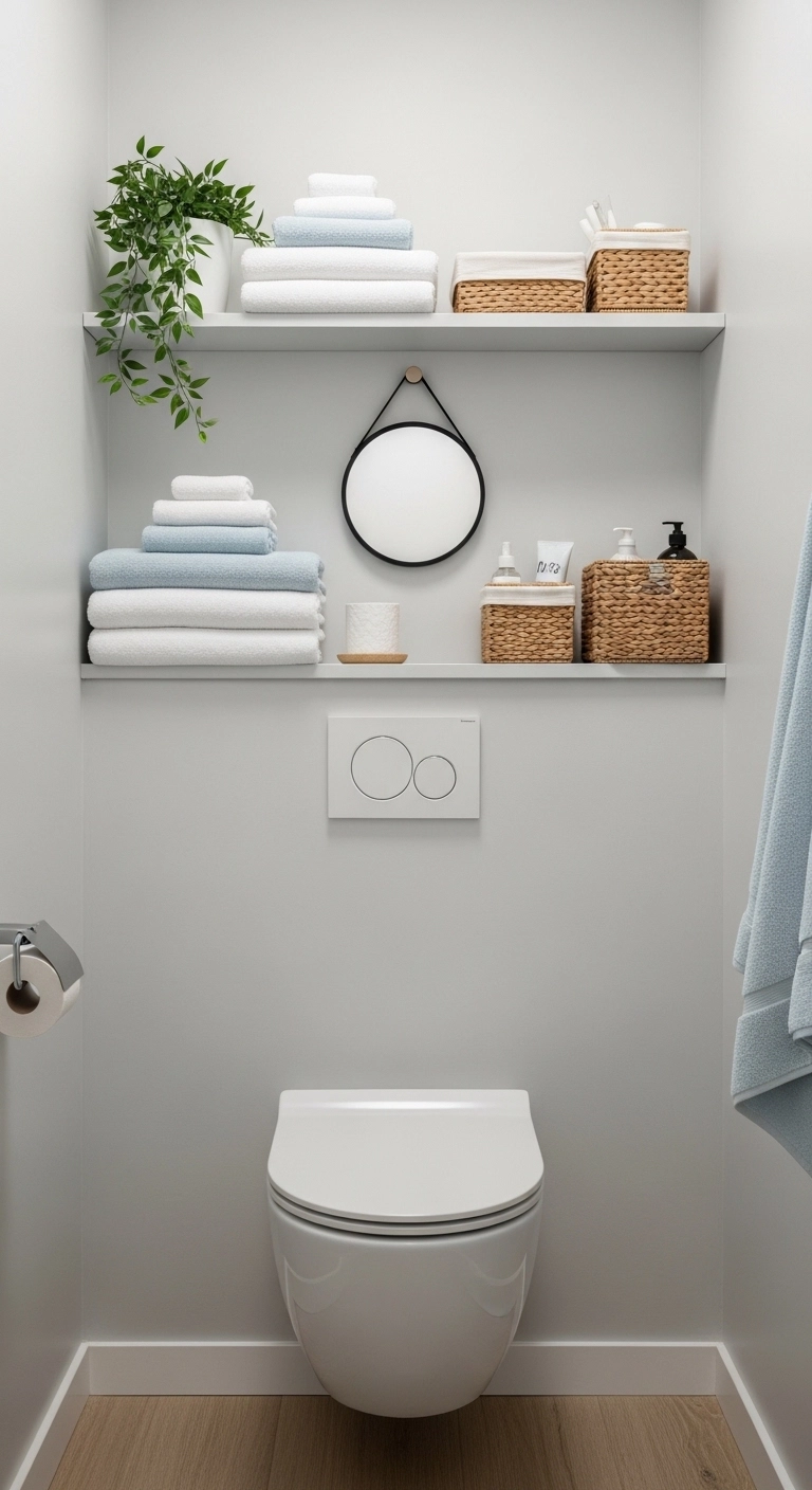 small bathroom ideas with vertical wall-mounted storage shelves