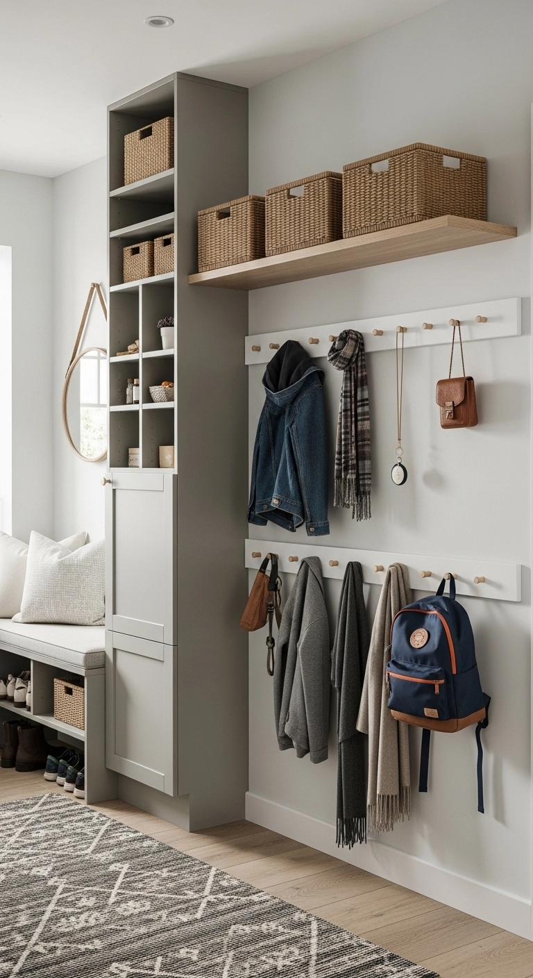Tiny hallway ideas with vertical storage hooks and wall shelves