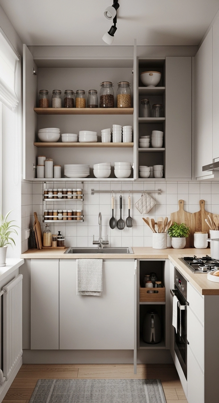 Modern small kitchen ideas featuring vertical storage with tall cabinets, open shelves, and wall-mounted organizers.