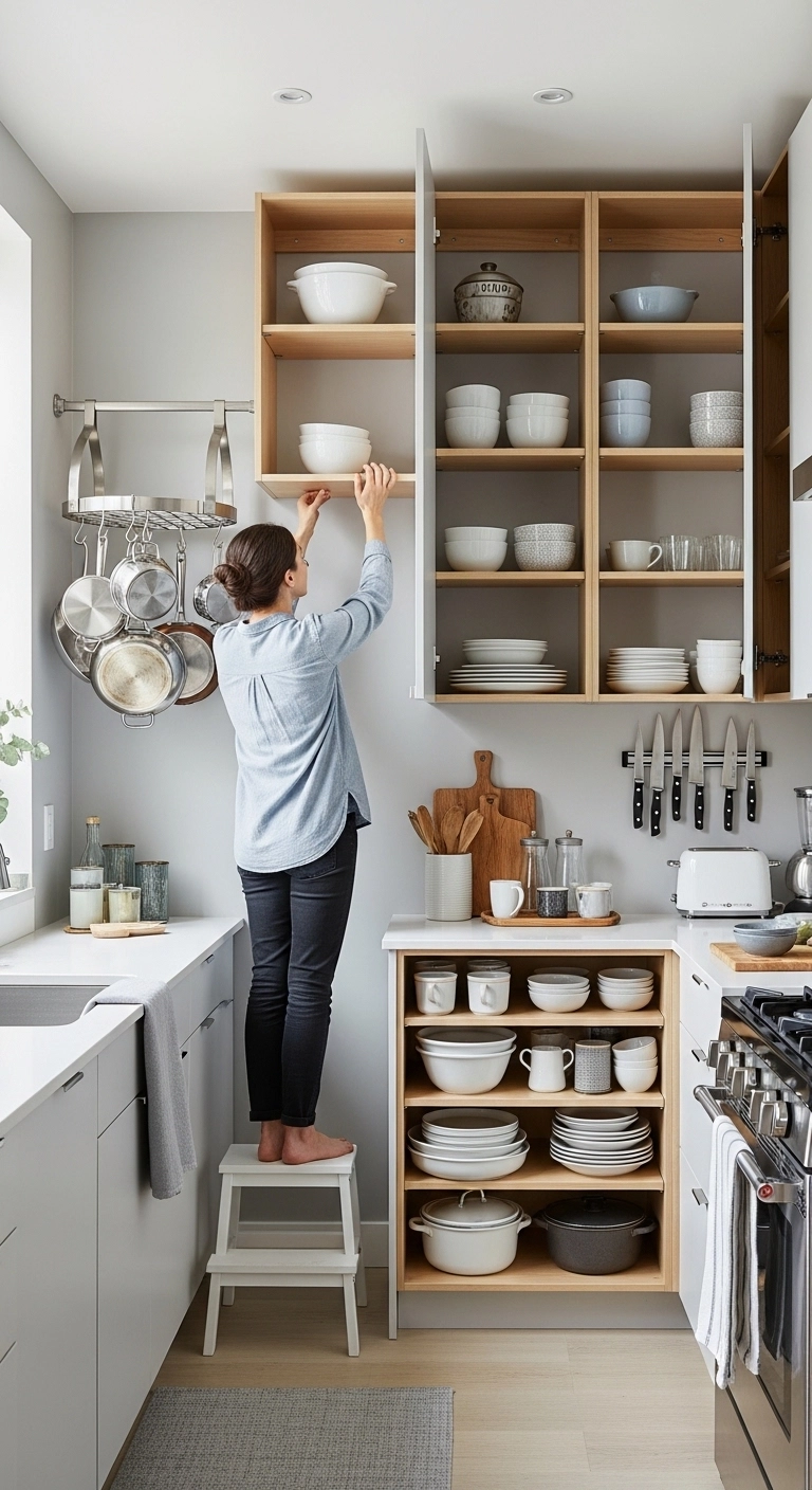 Tiny kitchen ideas using vertical storage with tall cabinets, wall shelves, pot rack, and magnetic knife strip in a small modern kitchen.