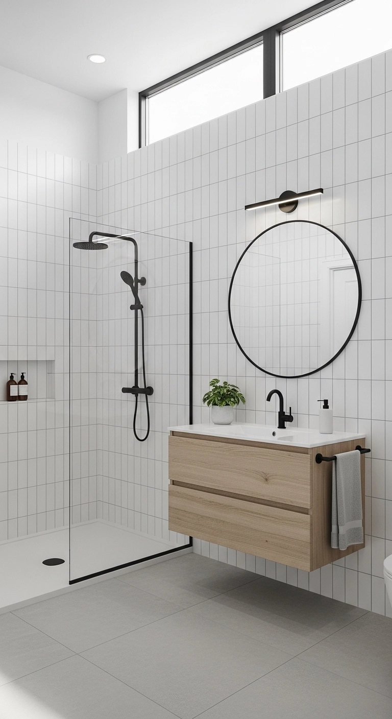 Vertical subway bathroom tile design making the space look taller and modern