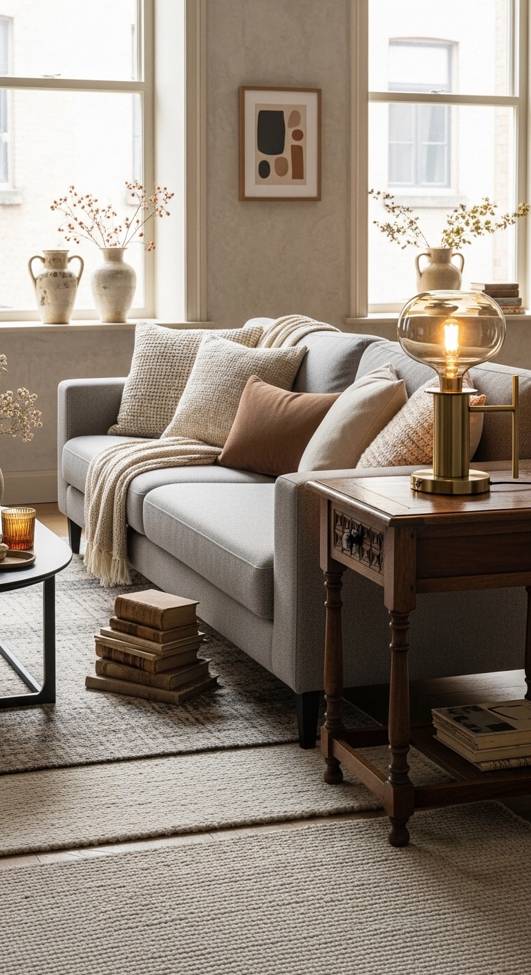 Aesthetic living room combining vintage decor with modern neutral furniture.