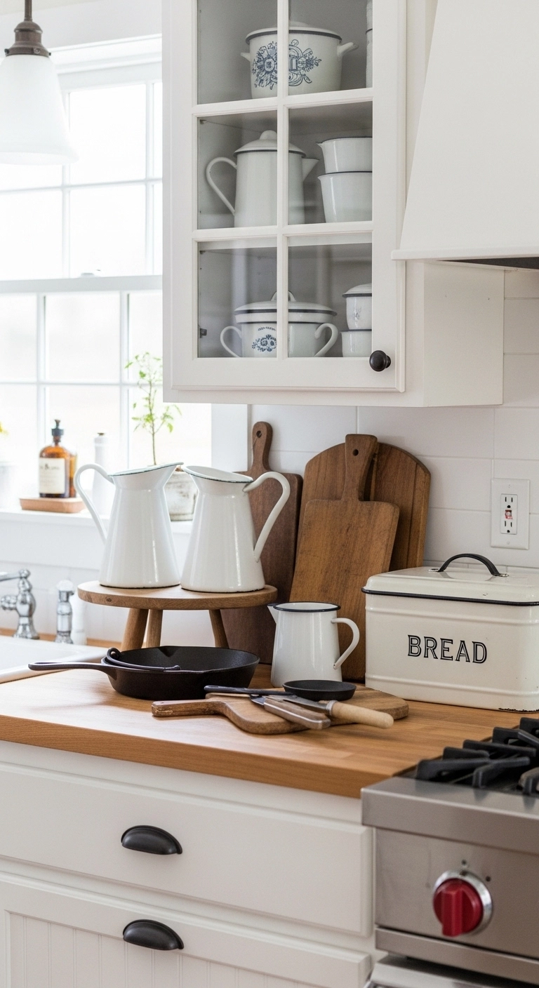 Vintage kitchen accessories like enamel pitchers and cast iron pans in a farmhouse kitchen with classic farmhouse kitchen ideas.