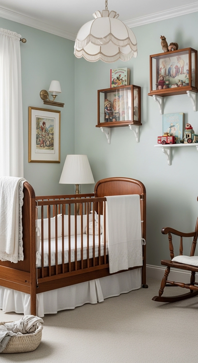 vintage baby nursery ideas for boys with antique style crib pastel colors and wooden rocking chair